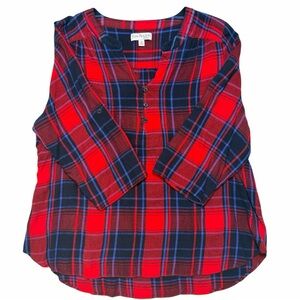 Kim Rogers 1X Red Plaid Flannel 3/4 Sleeve Henley Tunic Top Cabincore Normcore
